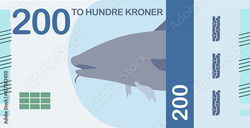 Vector of 200 Norwegian Krones NOK banknote, clipart of official paper cash in Norway	