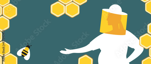 Beekeeper in mask and honeycomb, background or backdrop, silhouette vector stock illustration with honey production and copy space