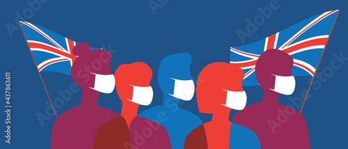 British in face masks with flags of Great Britain, silhouette vector stock illustration with coronavirus in the United Kingdom