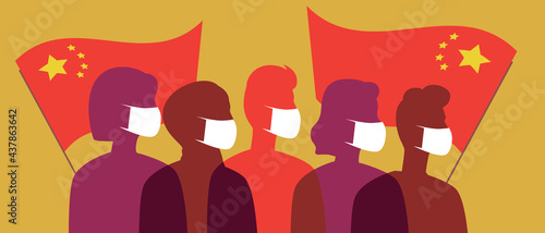 Chinese people in face masks with flags of China, silhouette vector stock illustration with coronavirus in China