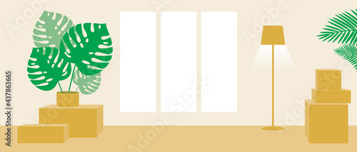 Empty room, no people, Flat vector stock illustration as Template or backdrop for overlay with Boxes of property, goods and nobody