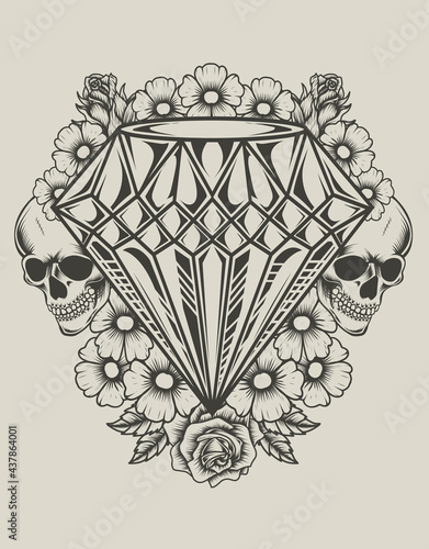 illustration diamond with skull and flower monochrome style