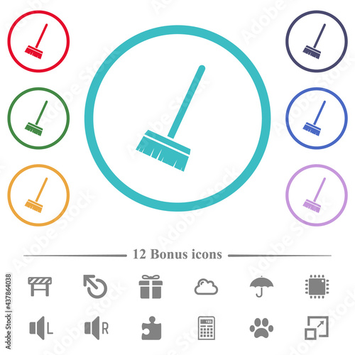 Household broom flat color icons in circle shape outlines