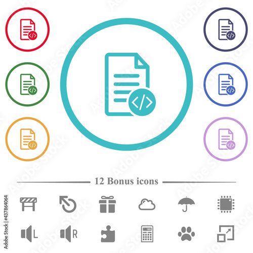 Source code document flat color icons in circle shape outlines