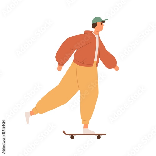 Young man riding skateboard, pushing with foot. Cool skater guy on skate board. Modern skateboarder moving forward. Flat vector illustration of street sport activity isolated on white background