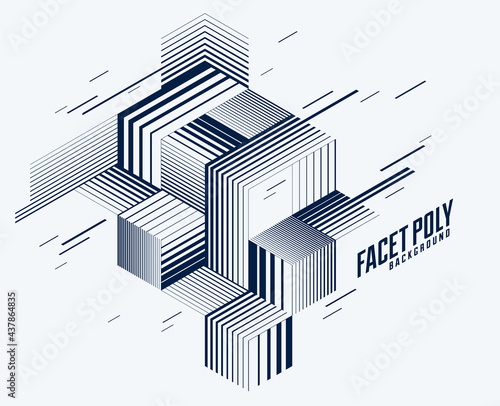 Abstract polygonal background with stripy triangles and 3D cubes vector design. Template for different advertising or covers or banners. Retro style graphic element.