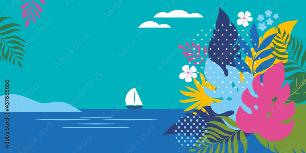 Horizontal banner with jungle exotic leaves. Cartoon vector illustration, banner, art print . Hello summer bright background