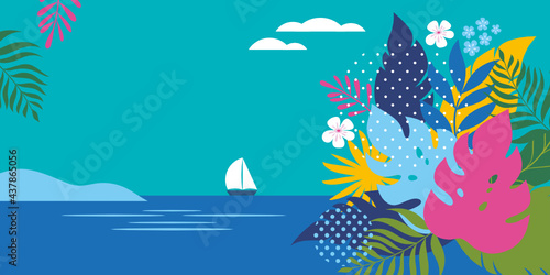 Horizontal banner with jungle exotic leaves. Cartoon vector illustration  banner  art print . Hello summer bright background