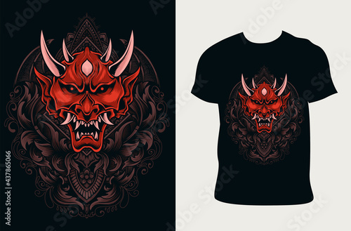 illustration demon mask with vintage engraving ornament on t shirt design