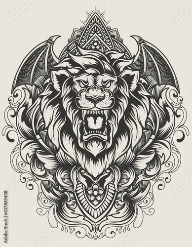 illustration vector lion head with vintage engraving ornament