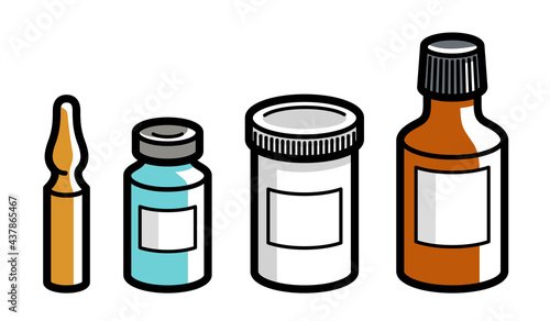 Set of medical bottles and vials vector flat style illustration isolated over white, meds drugstore concept, apothecary prescription medicament flagons and ampules.