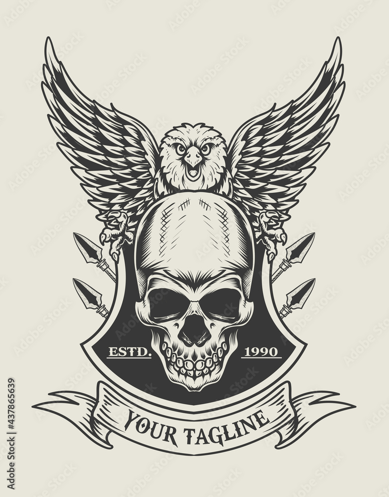 illustration eagle skull monochrome logo