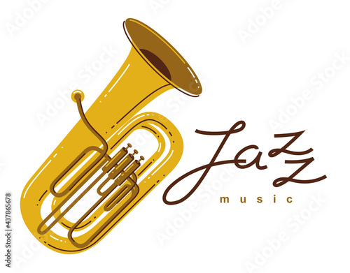 Jazz music emblem or logo vector flat style illustration isolated, tuba logotype for recording label or studio or musical band.