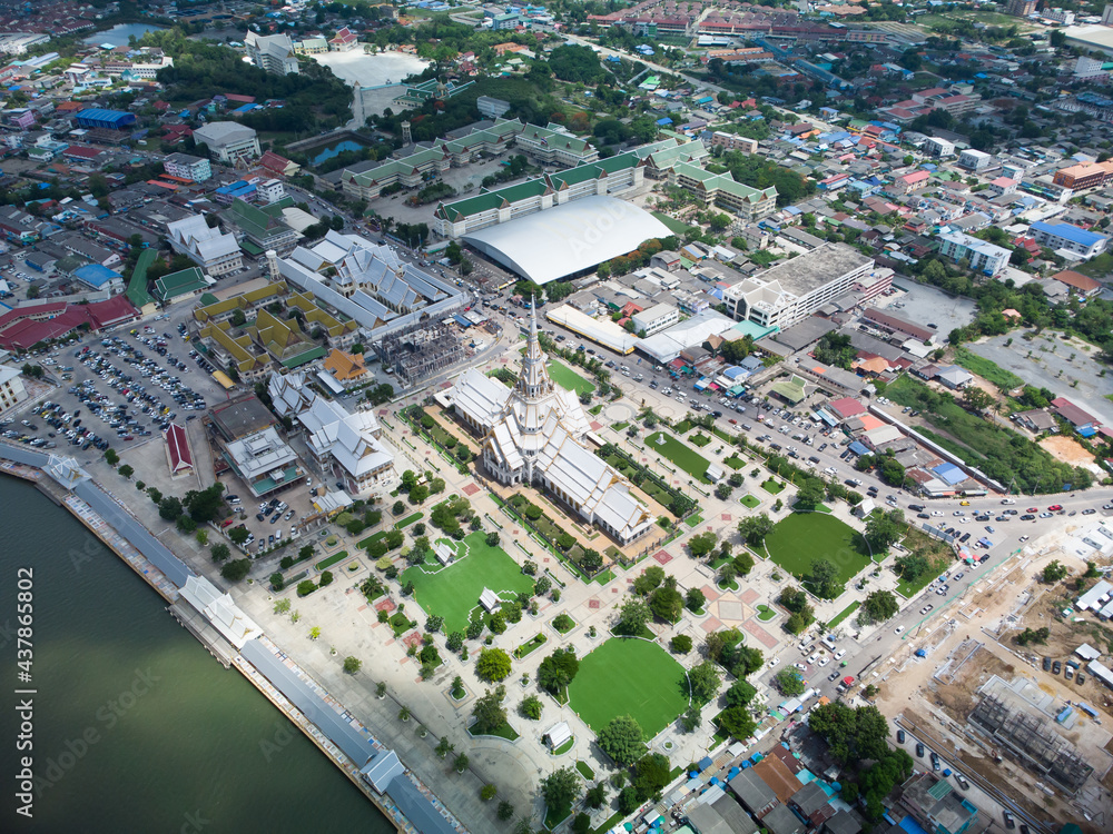 Aerial view of Wat Sothorn temple in Chachoengsao during a sunny day , Thailand