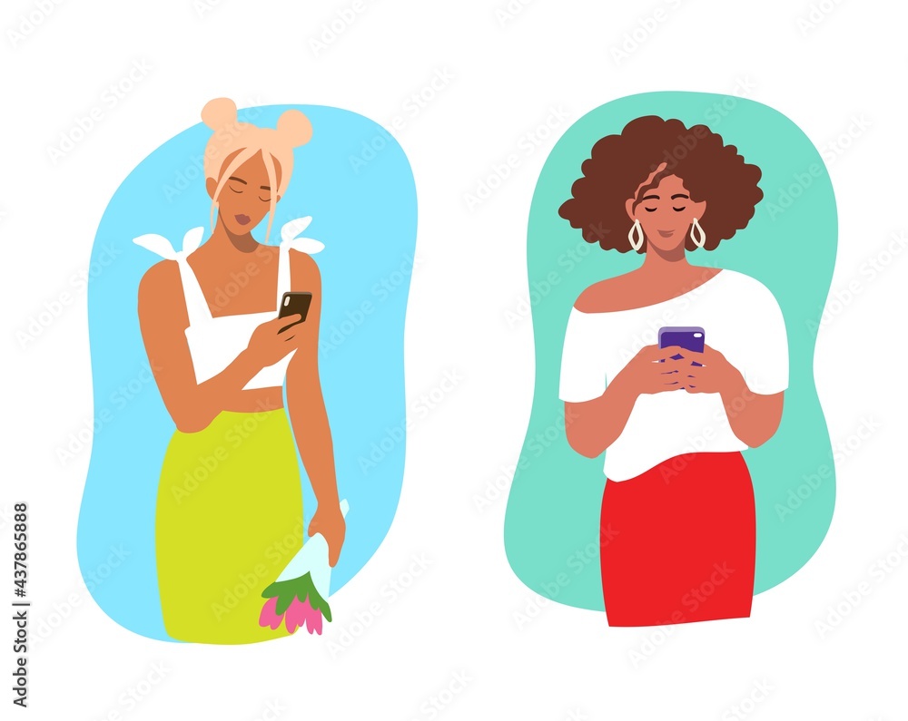beautiful young girl reads a message on a mobile phone. vector illustration in flat style beautiful young girl reads a message on a mobile phone. vector illustration in flat style