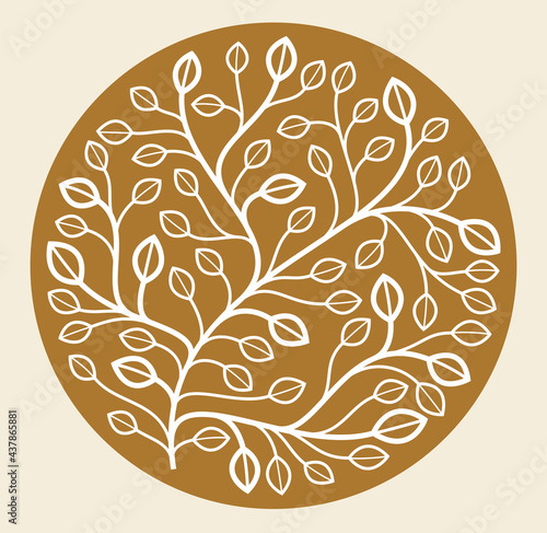 Round shape vector floral emblem on dark background, leaves and branches linear logo in circle, luxury classic style elegant badge, boutique or hotel logotype.