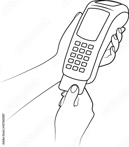 man holding wireless terminal, vector illustration of hand and contactless payment for online wallet or credit card apple pay by phone mobile application electronic money terminal cash transaction