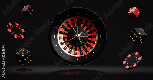 Black Red And Golden Roulette Wheel With Chips And Dices, Isolated On The Black Background. Casino Modern Concept - 3D Illustration 