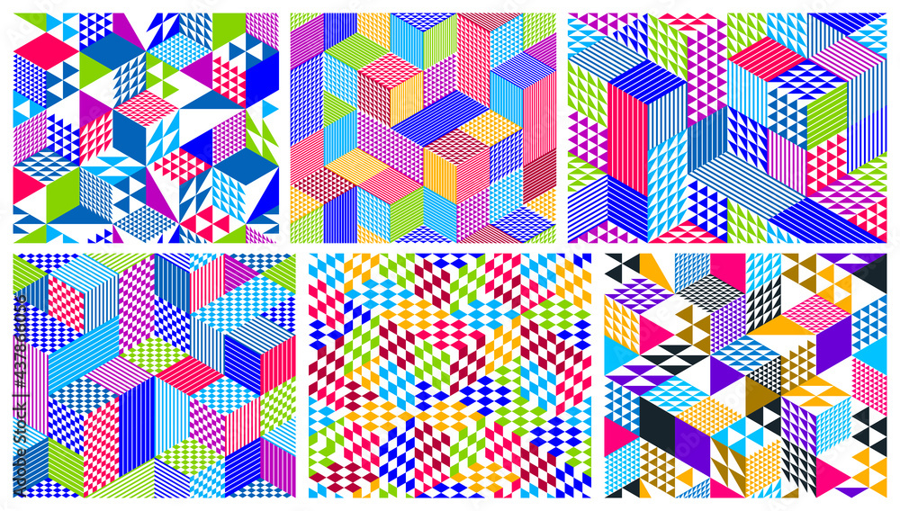 Seamless cubes vector backgrounds set, rhombus and triangles boxes repeating tile patterns, 3D architecture and construction, geometric designs. Seamless cubes vector backgrounds set, rhombus and triangles boxes repeating tile patterns, 3D architecture and construction, geometric designs.