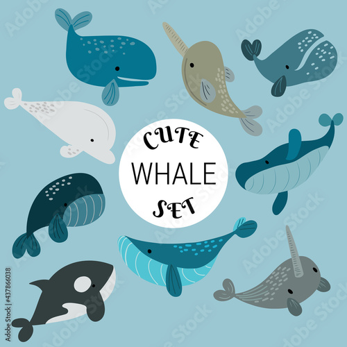Cute whale vector set with different doodle  isolated whales 