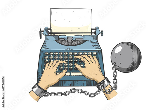 Hands chained to typewriter line art sketch