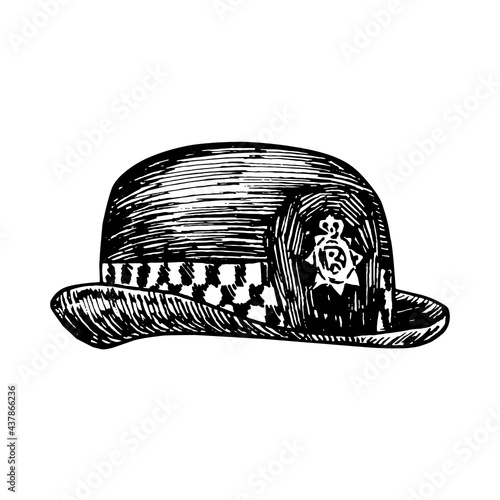 Custodian helmet, british police woman uniform hat, gravure style ink drawing illustration isolated on white