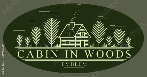 Cabin in woods with pine trees linear vector nature emblem on dark, log cabin cottage for rest, holidays and vacations theme line art drawing, woodhouse resort logo.