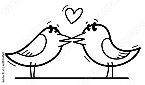 Two little cute birds lovers romantic kissing funny cartoon flat vector illustration isolated on white.