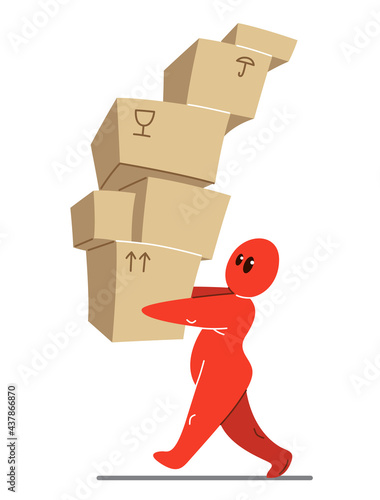 Delivery courier funny cartoon man carrying a lot of boxes vector flat style illustration isolated on white, office worker, internet retail and home delivery concept.