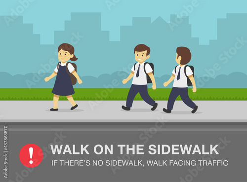 School children walking on the sidewalk. Pedestrian safety rule. Flat vector illustration template.
