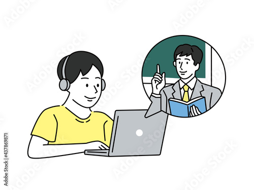 子供のオンライン授業イラスト(習い事、塾、勉強、通信、英会話、講習、自宅学習、コミュニケーション) Online lesson illustrations for children (learning, cram school, study, correspondence, English conversation, training, home learning, communication)