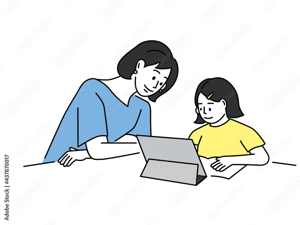 子育て 教育 母と子のイラスト コミュニケーション オンライン 勉強 学習 遊び 教える ステイホーム 自宅学習 Parenting Education Mother Child Illustrations Communication Online Study Learning Play Teaching Stay Home Home Learning Stock