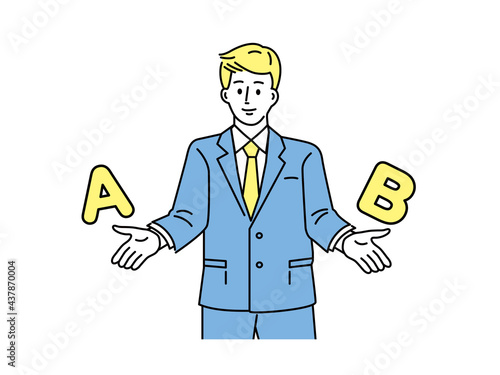 AとBを比べる男性のイラスト(迷う、天秤、比較、疑問、悩み、比べる、見積もり、予算、分析、価格、得する)
get lost, weigh, compare, question, worry, compare, Flat vector illustration for landing page, web, website, banner, mobile apps,