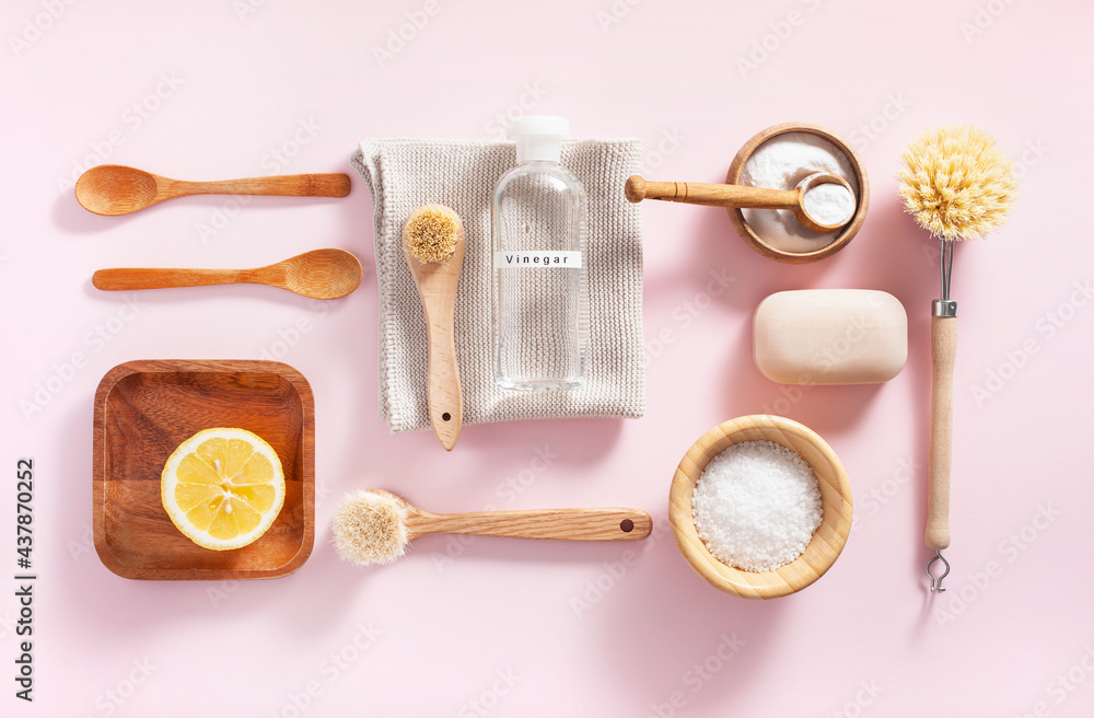 zero waste eco friendly cleaning concept. wooden brushes, lemon, baking soda, vinegar zero waste eco friendly cleaning concept. wooden brushes, lemon, baking soda, vinegar