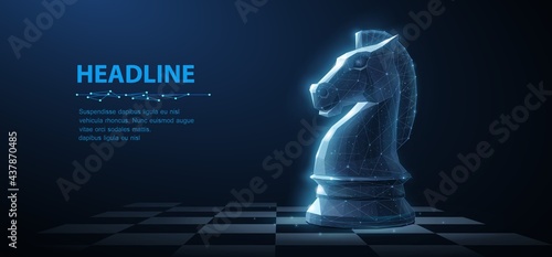 Knight. Abstract vector 3d chess knight on chessboard. Business strategy, marketing solution, strategic vision, innovate technology concept. photo