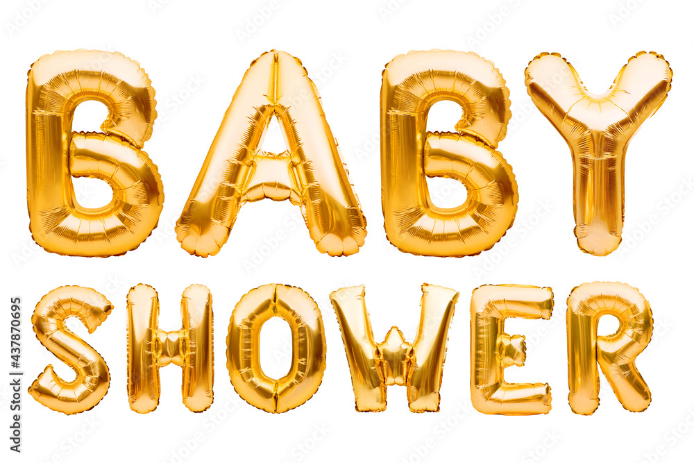 Words BABY SHOWER made of golden inflatable balloons isolated on white background. Helium foil balloons forming text. Baby birthday party celebrating decoration. Words BABY SHOWER made of golden inflatable balloons isolated on white background. Helium foil balloons forming text. Baby birthday party celebrating decoration.