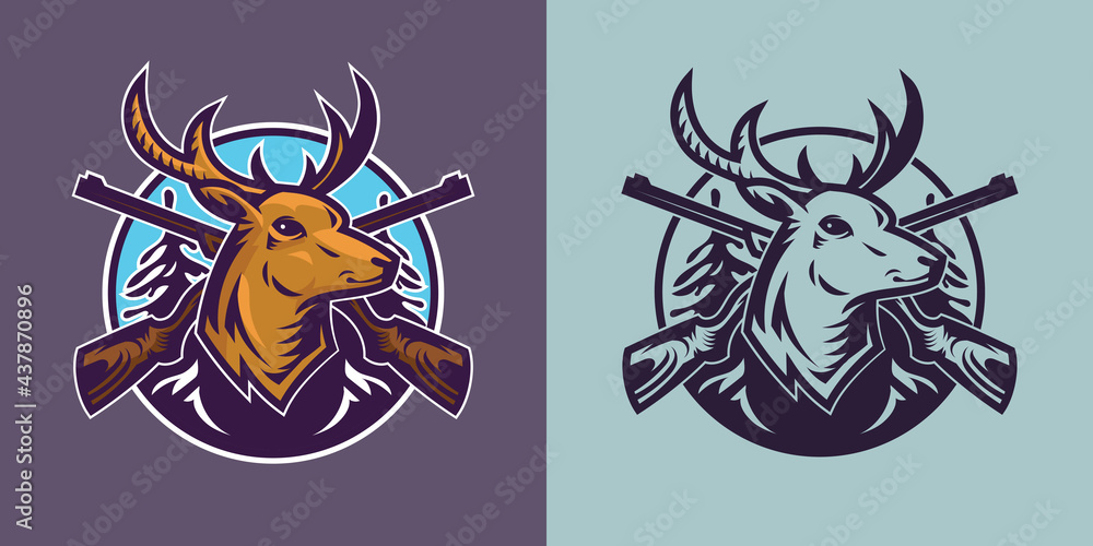 Deer head with rifles in different styles. Concept art of hunting.