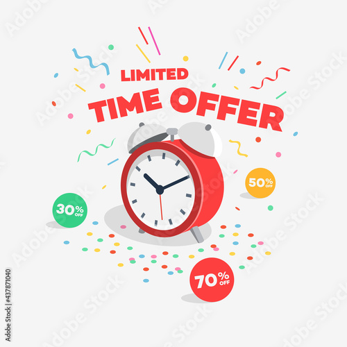 Limited time sale discount symbol with an alarm clock, discount labels and flying confetti. Easy to use for your design or banner with transparent shadows.