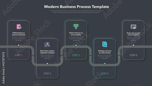 Modern business process template with 5 steps - dark version. Easy to use for your website or presentation.