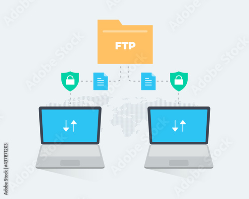 File transfer protocol infographic template with two laptops and transfer documents to the secure ftp server. Modern flat illustration.