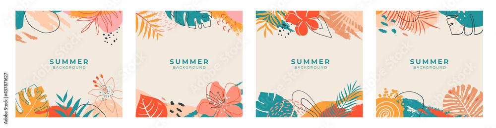 Set of summer social media post template with space for text.Promotional content.Colorful abstract vector design background for poster, invitation and cover with tropical leaves, shapes and textures - obrazy, fototapety, plakaty 