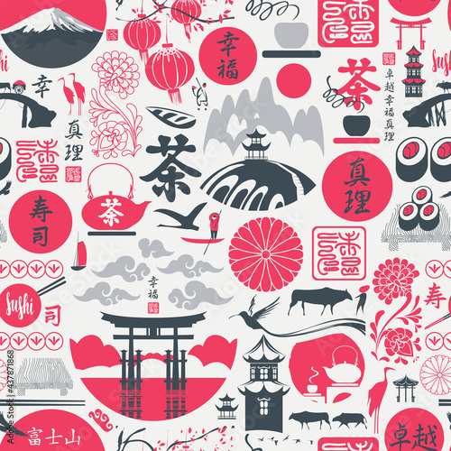 Seamless pattern on the theme of Japan with Japanese hieroglyphs Sushi, Tea, Perfection, Happiness, Truth, Fujiyama, Japan Post. Vector repeating background, wallpaper, wrapping paper, fabric