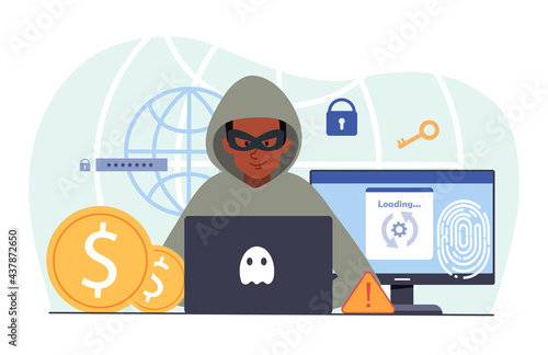 Young male hacker is cyber attacking computer stealing personal data