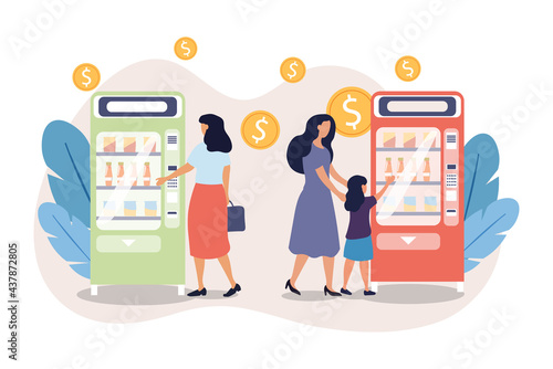 Female consumers buying snacks and drinks in vending machine together