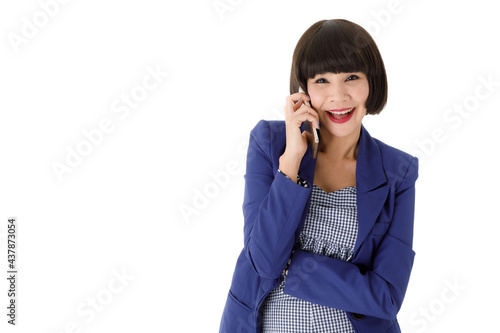 Happy stylish woman talking on smartphone