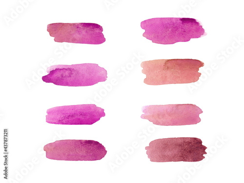 Watercolor pink color swatches set. Colorful brush strokes collection isolated on white background, Watercolour artistic copy space designs.
