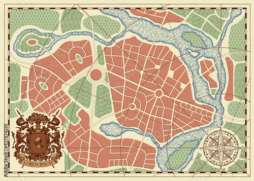 Hand-drawn abstract city map with ornate Coat of arms, wind rose and compass sign. Town streets with parks, districts, river on vintage beige backdrop. Colored vector urban roads plan in retro style