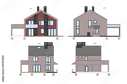 Private house section, detailed architectural technical drawing, vector blueprint