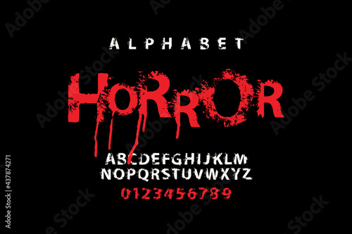 HORROR lettering in scary dripping bloody letters. Scary font for headline, poster, label. Spotted Alphabet, vector set of white and red alphabet letters and numbers on a black. Halloween party style