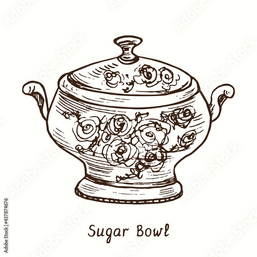 Sugar bowl with floral decor. Ink black and white drawing outline illustration